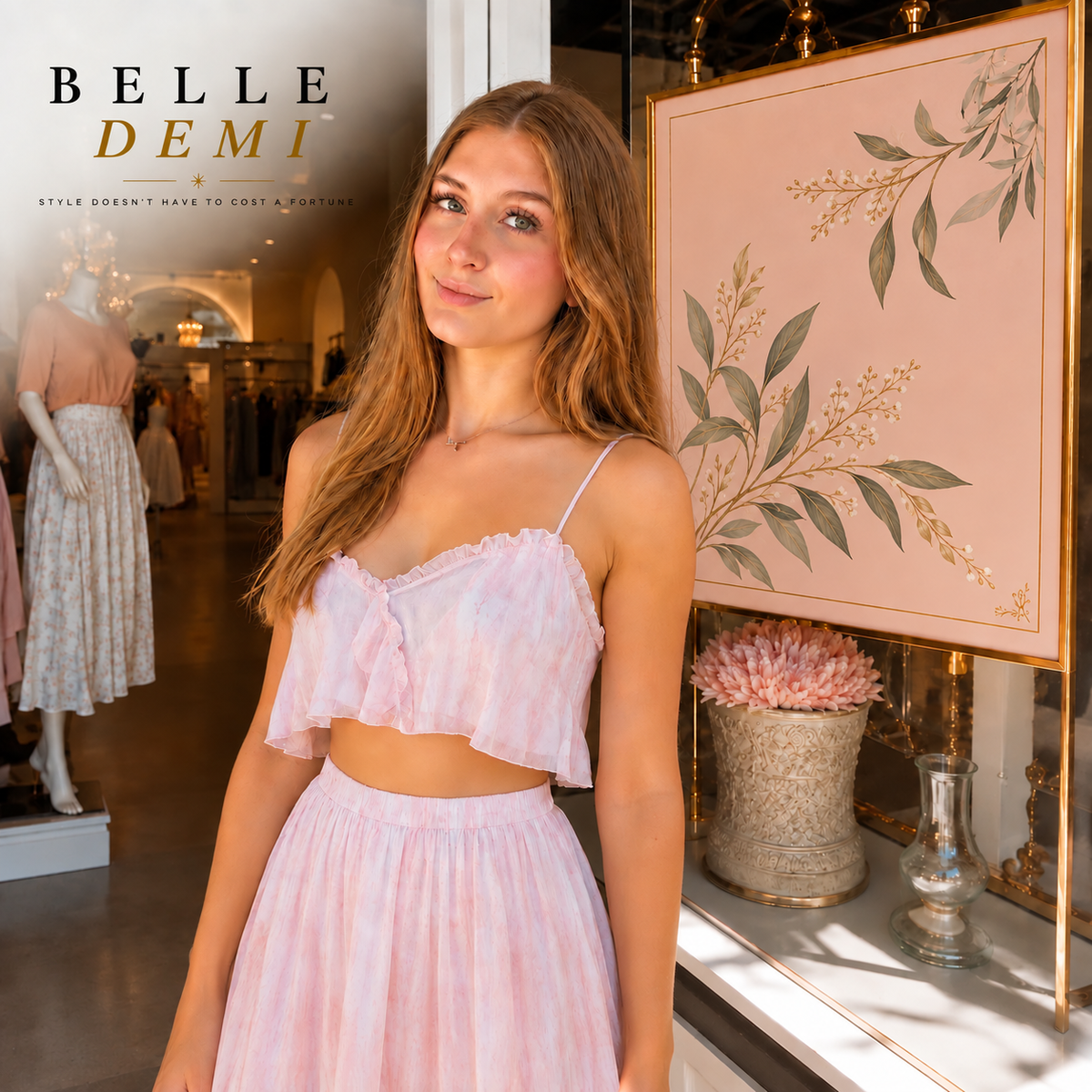 Belle Demi fashion portrait beside pink botanical artwork